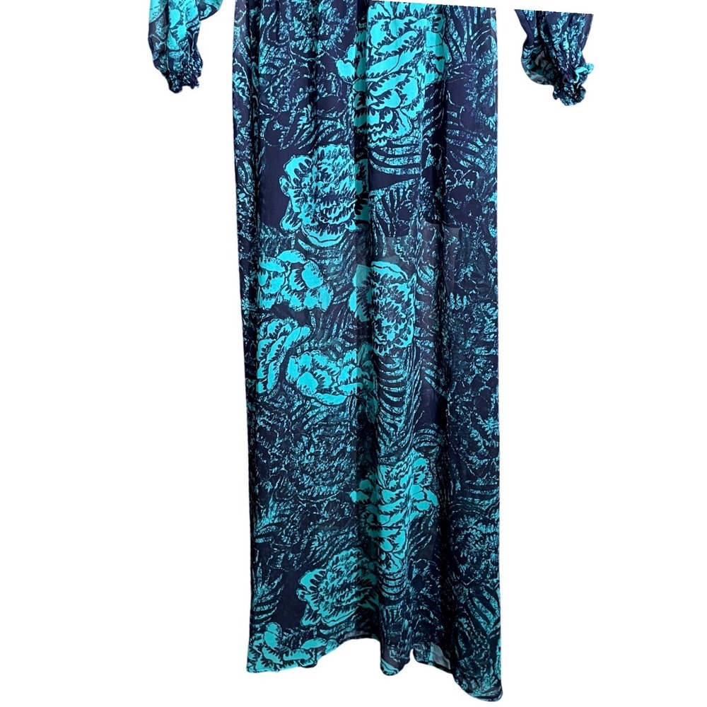 H&M Women Teal Navy Floral Chiffon Maxi Dress Size 6 Metal Bar VNeck Long Sleeve - Picture 5 of 9